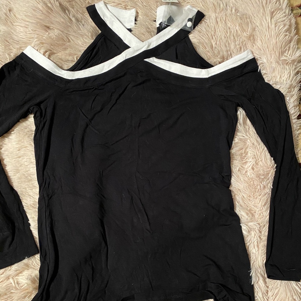 INC Varsity Off-Shoulder Crisscross Neck Top